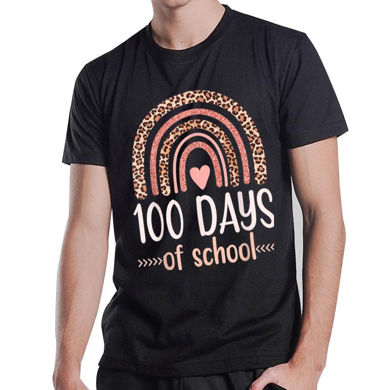 100Th Day Of School 100 Days Leopard Rainbow Boys Girls Cute T-Shirt