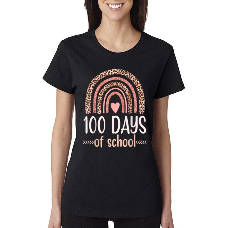 100Th Day Of School 100 Days Leopard Rainbow Boys Girls Cute Women T-Shirt