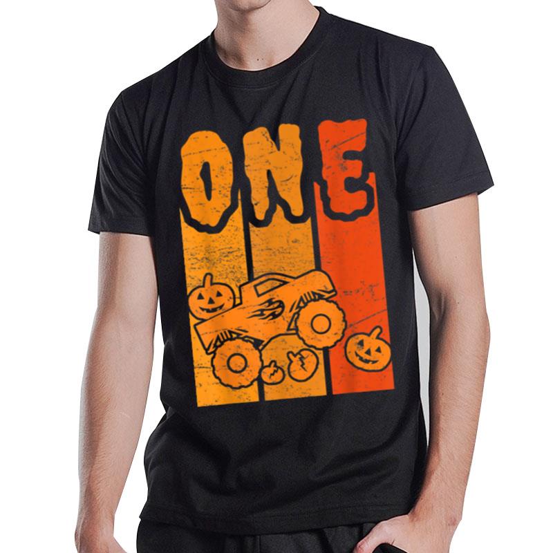 1St Birthday Retro Pumpkin Monster Truck Halloween 1Years T-Shirt