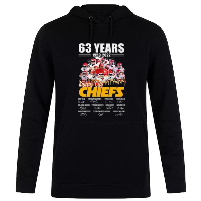 63 Years 1959 2022 Kansas City Chiefs Team Football Signatures Hoodie