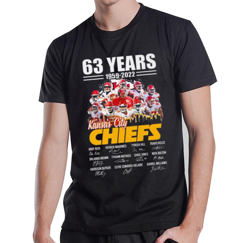 63 Years 1959 2022 Kansas City Chiefs Team Football Signatures T-Shirt