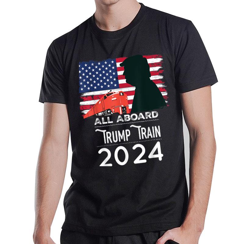 All Aboard Trump Train 2024 Vintage American Flag Apparel T-Shirt