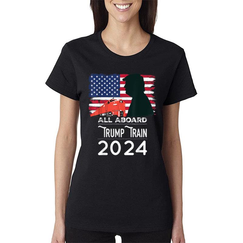 All Aboard Trump Train 2024 Vintage American Flag Apparel Women T-Shirt