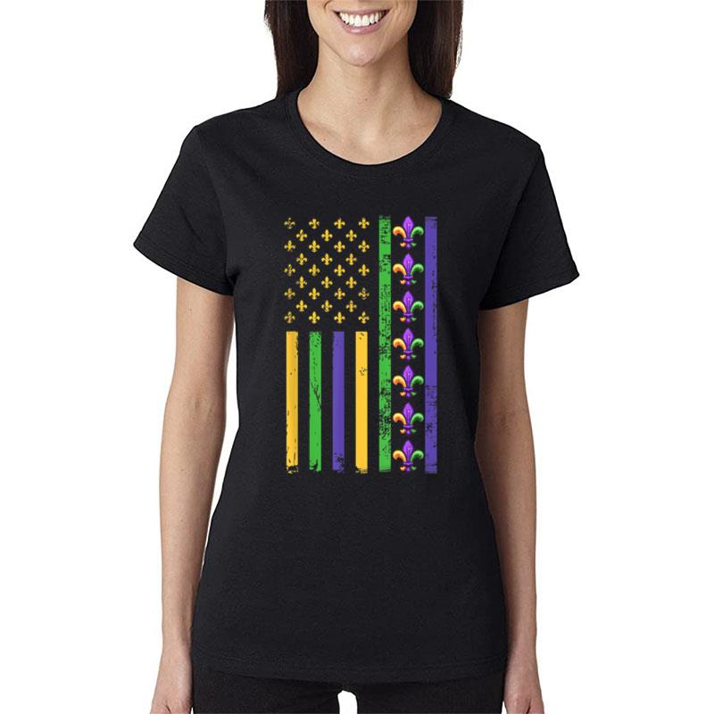 American Flag Mardi Gras Fleur De Lis?At Tuesday Mardi Gras Women T-Shirt