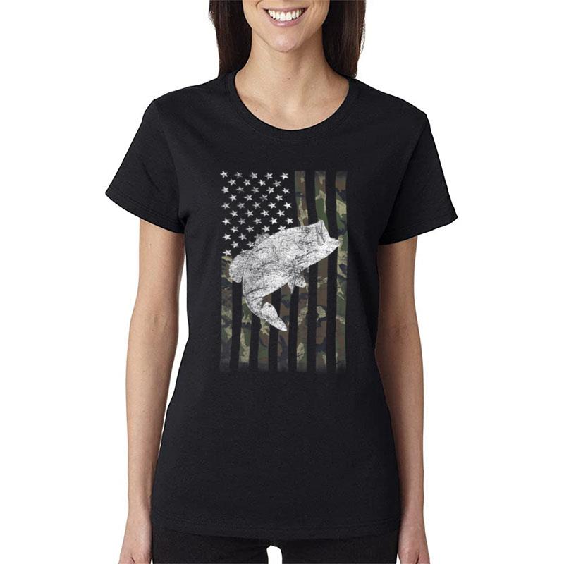 Bass Fishing American Camo USA Flag for Fisherman Women T-Shirt