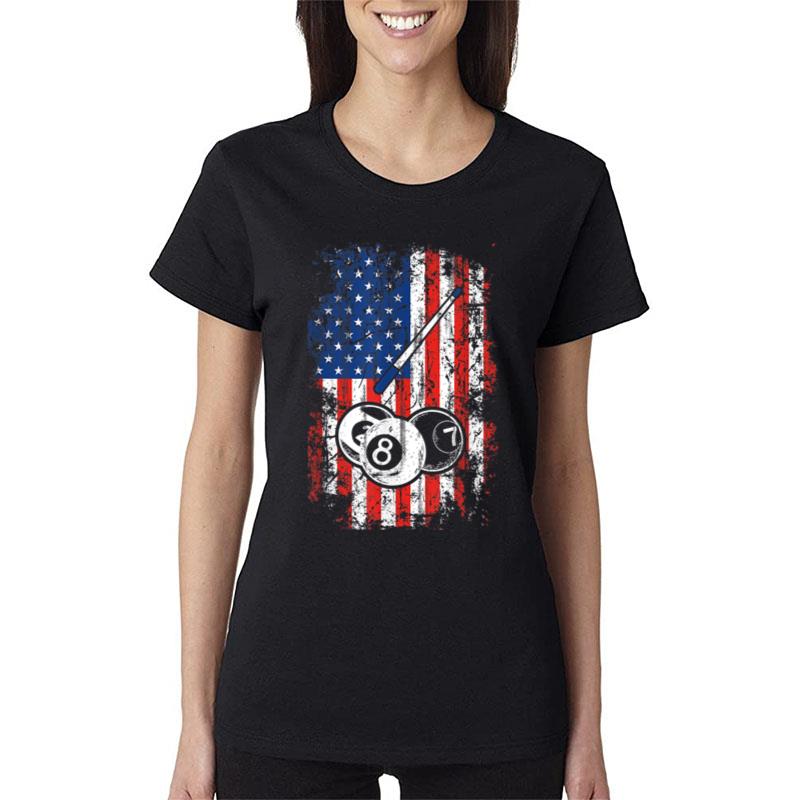 Billiards American Flag Cue Pool Balls Billiard Player Women T-Shirt