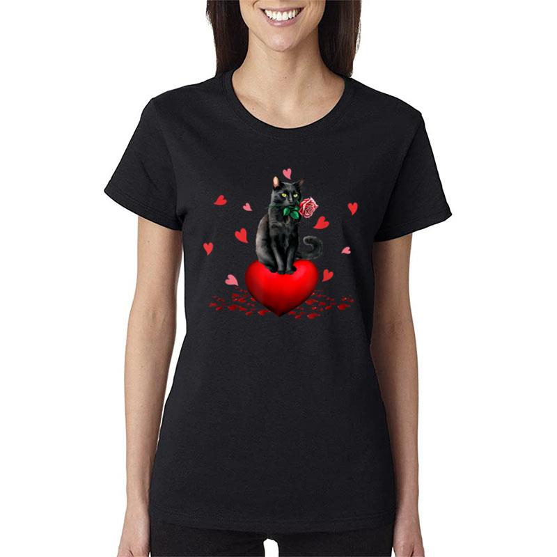 Black Cat Heart Valentines Day Cute Kitten Kitty Lover Women T-Shirt