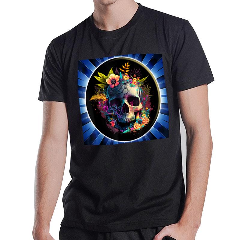 Blue Sun Rays Striking Skull And Beautiful Flowers T-Shirt