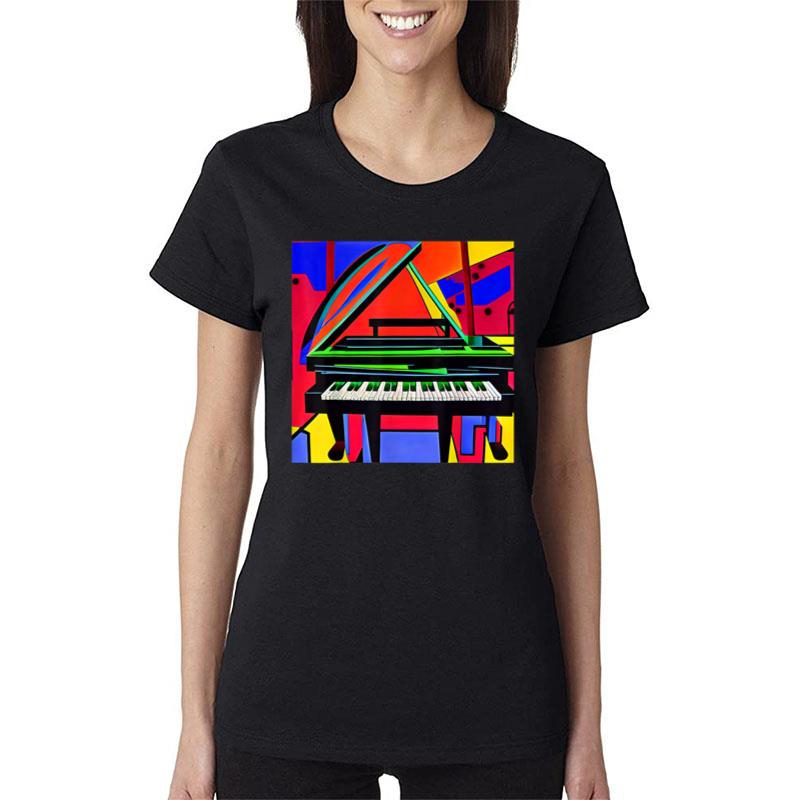 Cartoonish Looking Piano With A Psychadelic Background Women T-Shirt