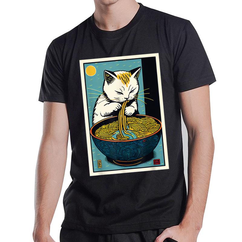 Cat Eating Ramen Noodles Cute Vintage Japanese Art Graphic T-Shirt