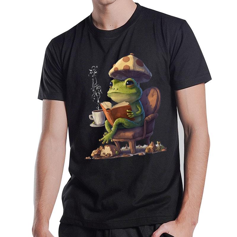 Coffee Lover Frog With Mushroom Hat Read Book Cottagecore T-Shirt