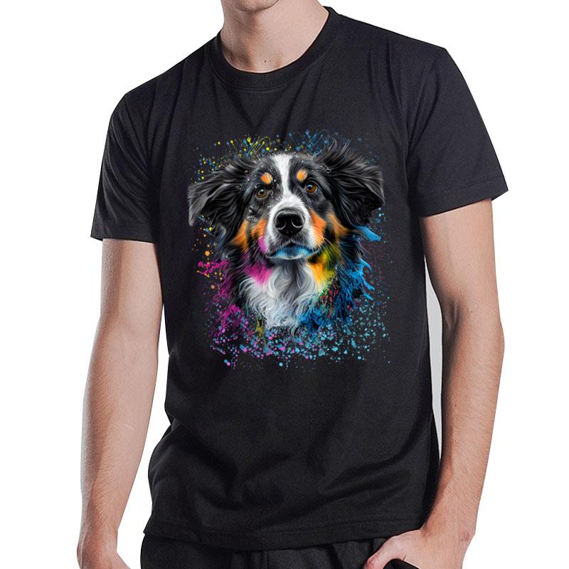 Colorful Splash Art Australian Shepherd Portrait Puppy T-Shirt