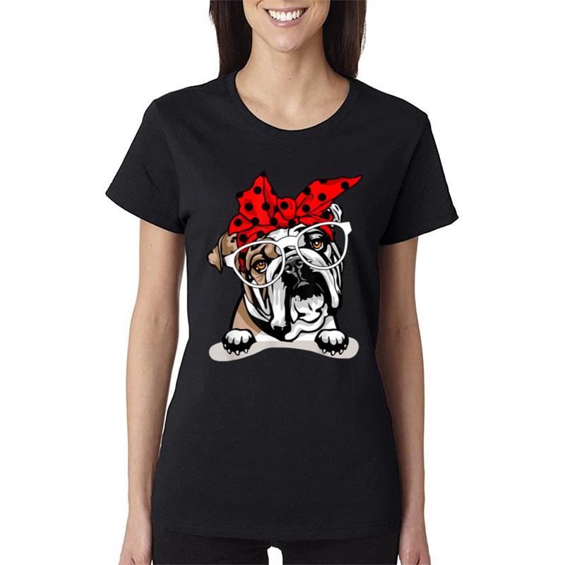 Cute English Bulldog Xmas Red Plaid Headband And Glasses Women T-Shirt