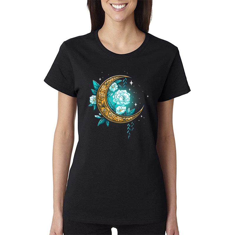 Floral Moon Lunar Flowers Aesthetic Sky Celestial Women T-Shirt