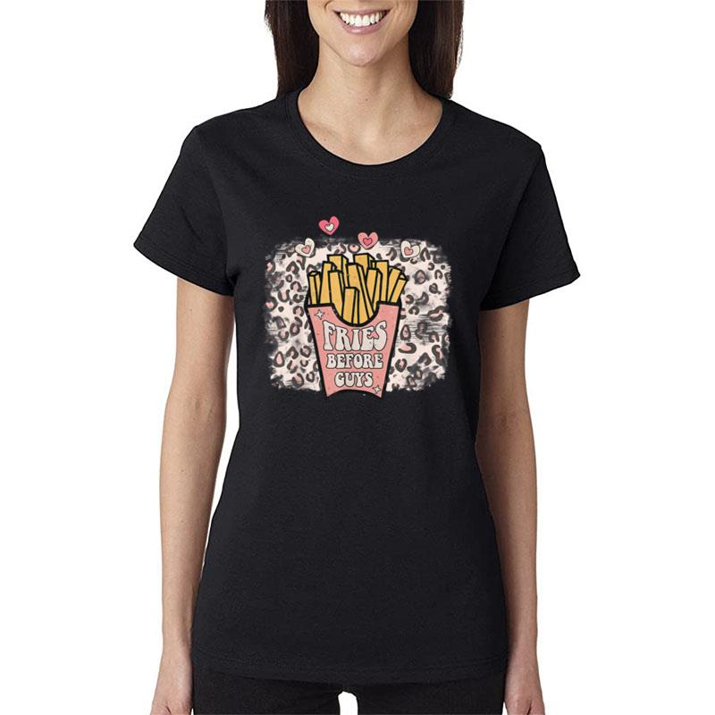 Fries Before Guys Vintage Leopard Hearts For Valentine'S Day Women T-Shirt