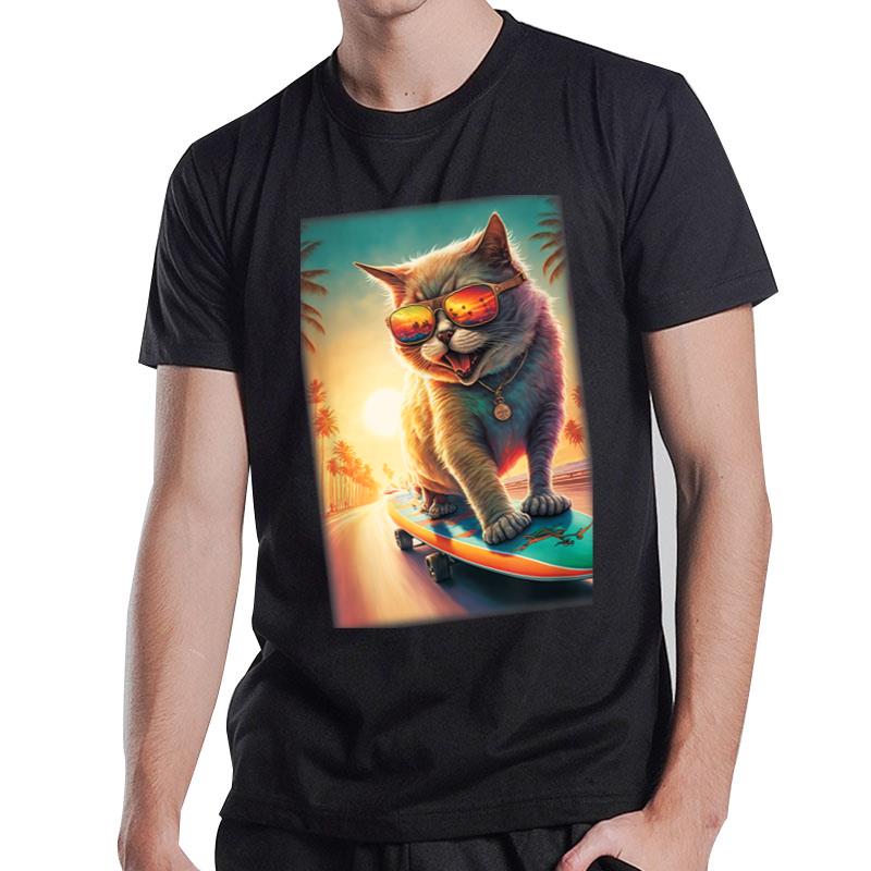 Funny Cat Cat Skateboarding Laughing Beach Cool Cat T-Shirt