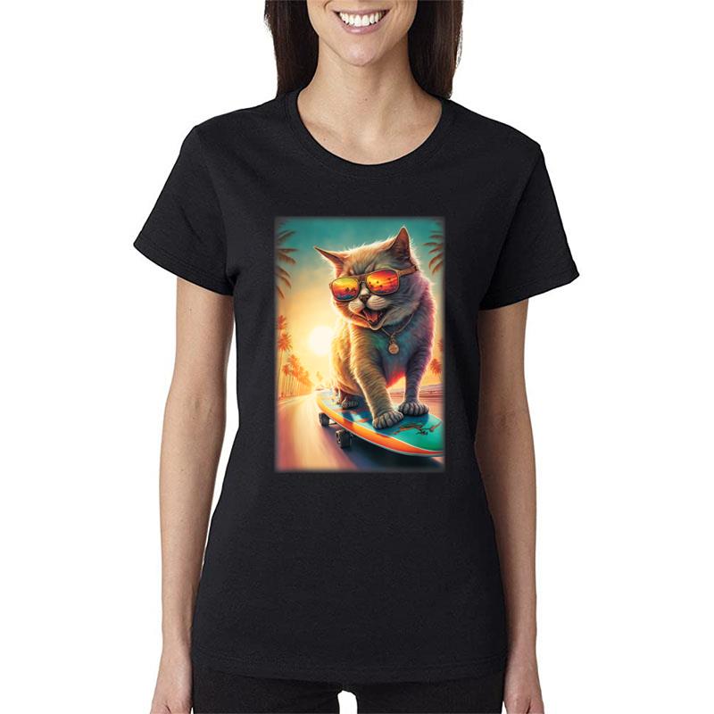 Funny Cat Cat Skateboarding Laughing Beach Cool Cat Women T-Shirt