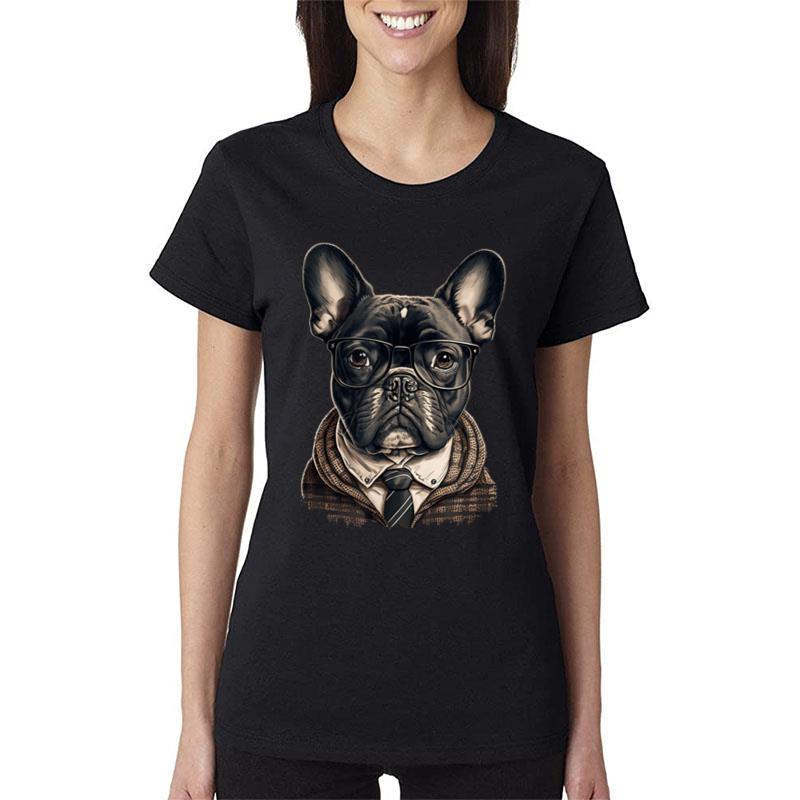 Funny French Bulldog Frenchie Hipster Glasses Women T-Shirt