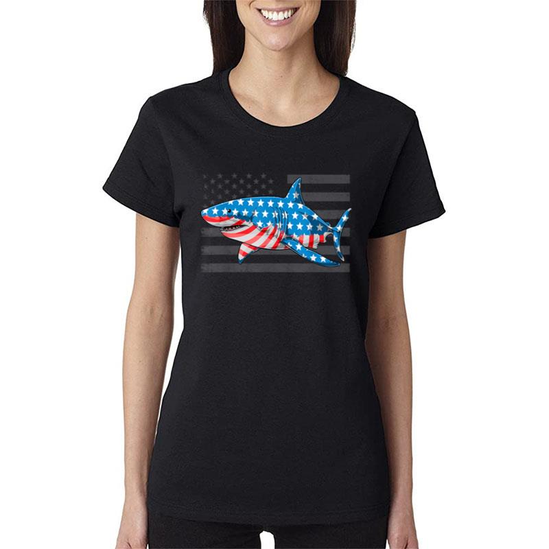 Funny Shark 4Th Of July American Flag Women T-Shirt