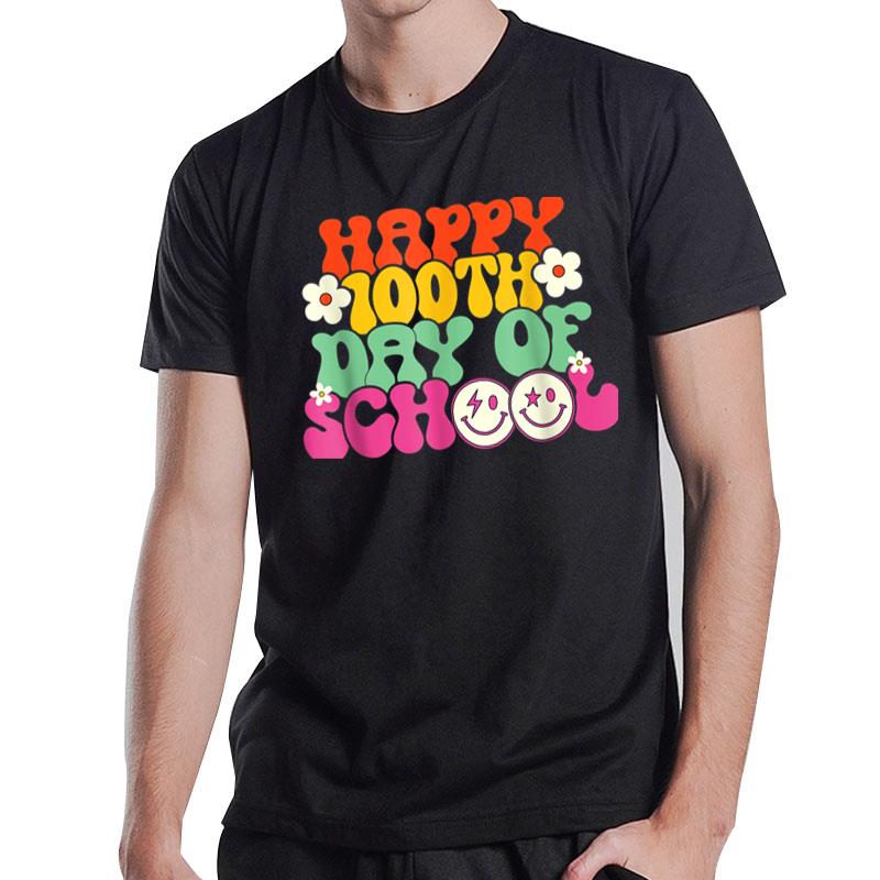 Happy 100Th Day Of School Teacher Kids Retro Groovy 100 Days T-Shirt