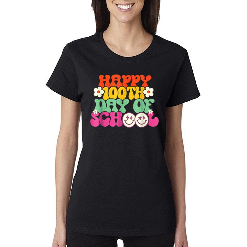 Happy 100Th Day Of School Teacher Kids Retro Groovy 100 Days Women T-Shirt