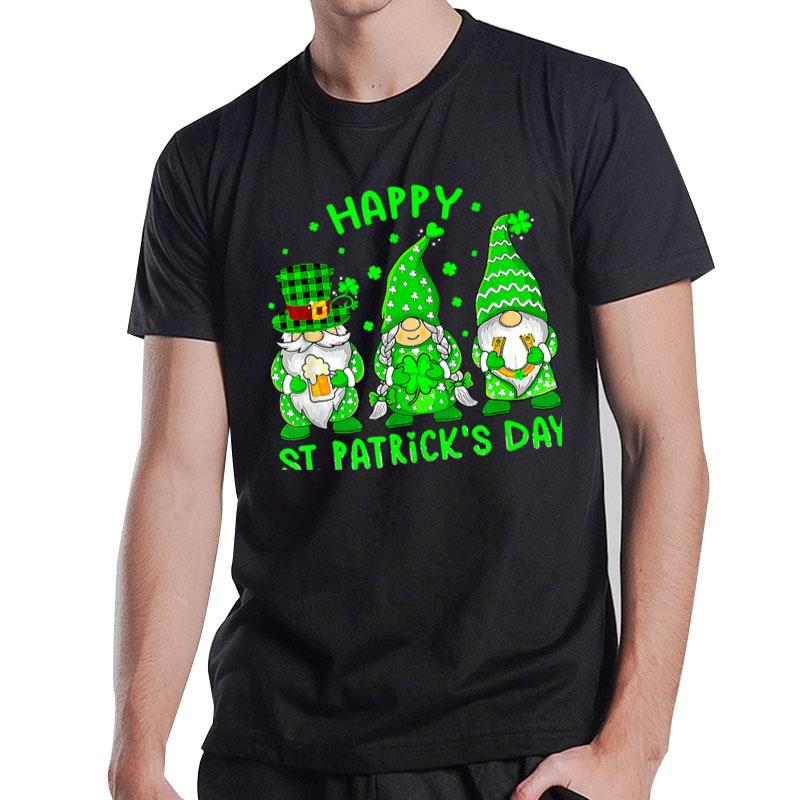 Happy St Patrick'S Day Three Gnomes Squad Holding Shamrock T-Shirt