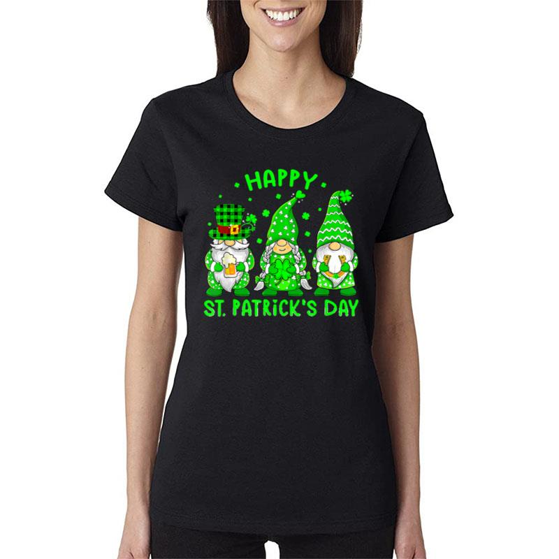 Happy St Patrick'S Day Three Gnomes Squad Holding Shamrock Women T-Shirt