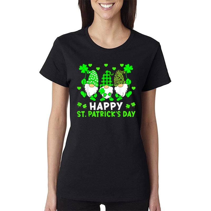 Happy St Patrick'S Day Three Gnomes Holding Shamrock Leopard Women T-Shirt