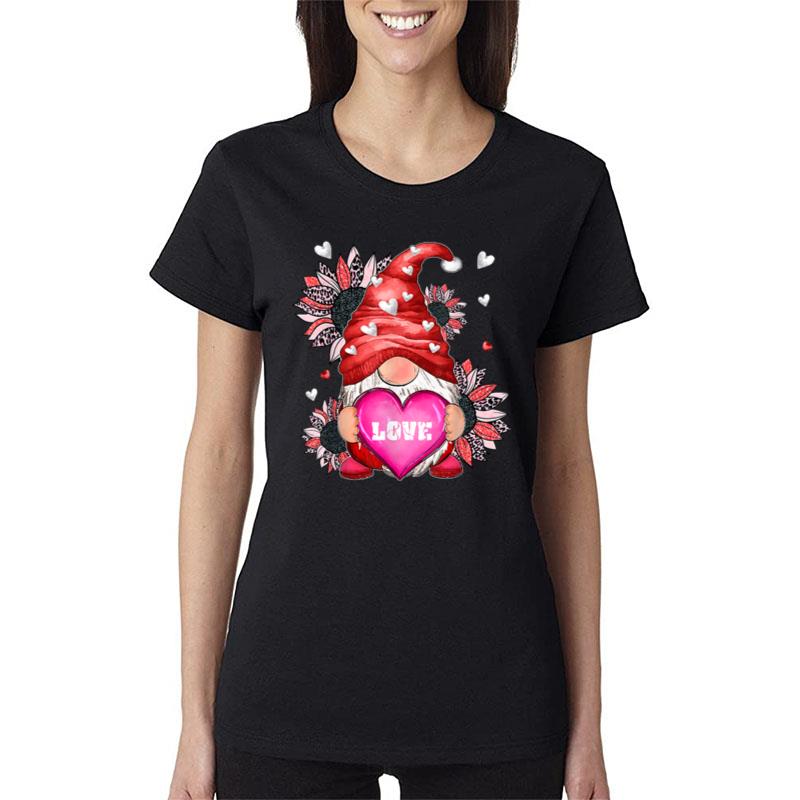 Happy Valentine'S Day Gnome With Leopard Sunflower Valentine Women T-Shirt