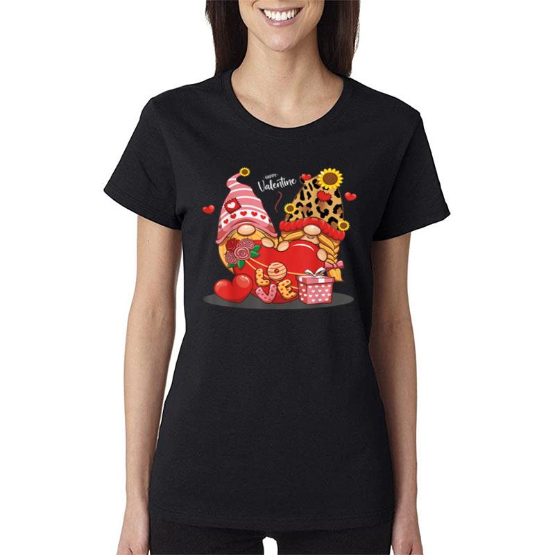 Happy Valentines Day Gnomes With Leopard Sunflower Valentine Women T-Shirt