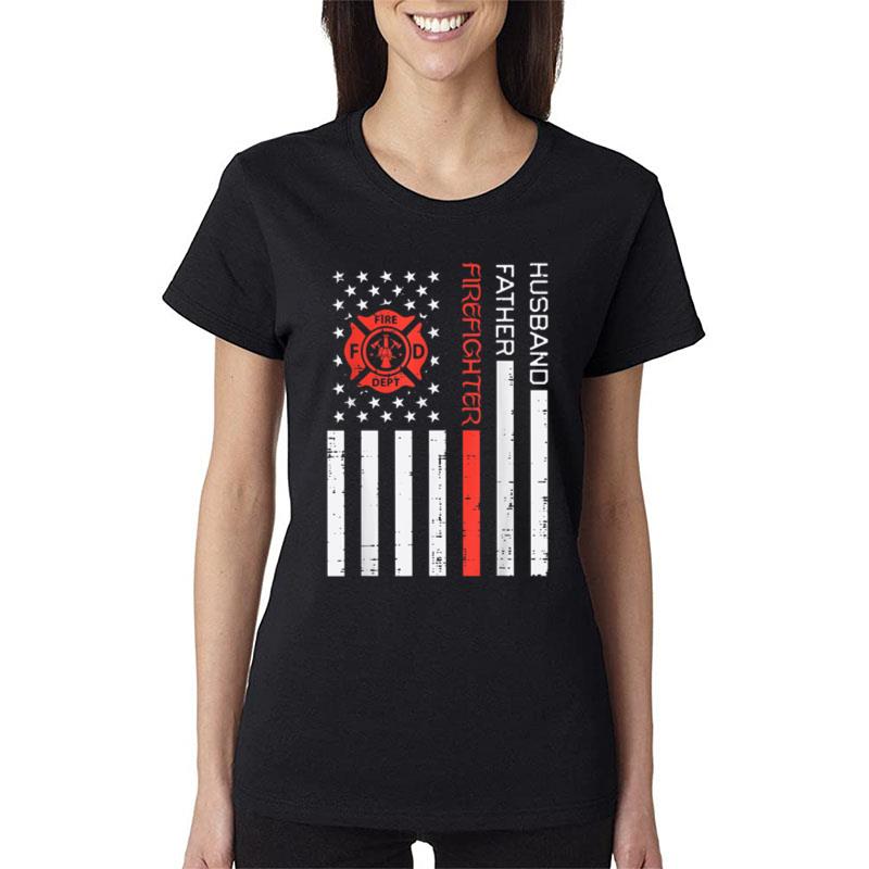 Husband Father Firefighter Us Flag Red Line Fathers Day Men Women T-Shirt