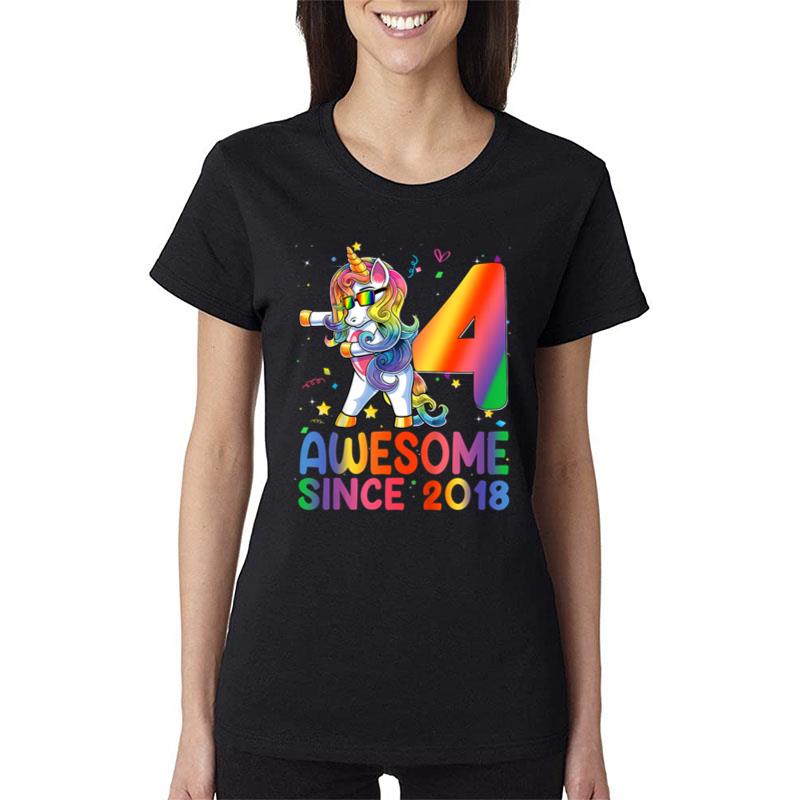 Kids 4Th Birthday 4 Year Old Gifts Girls Teens Dabbing Unicorn Women T-Shirt