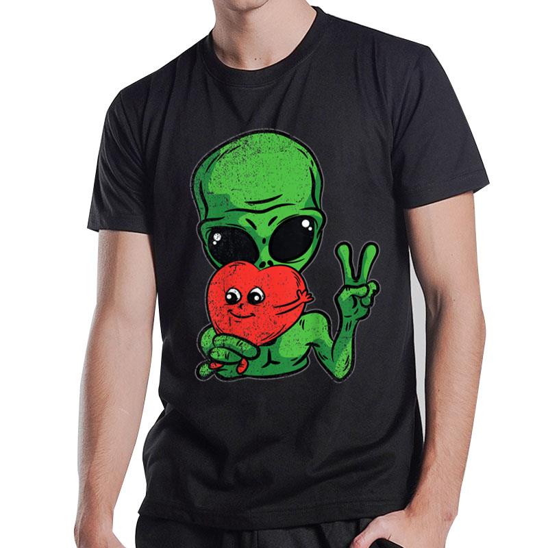 Kids Alien Peace Heart Valentines Day Funny Love Ufo Edm Party T-Shirt