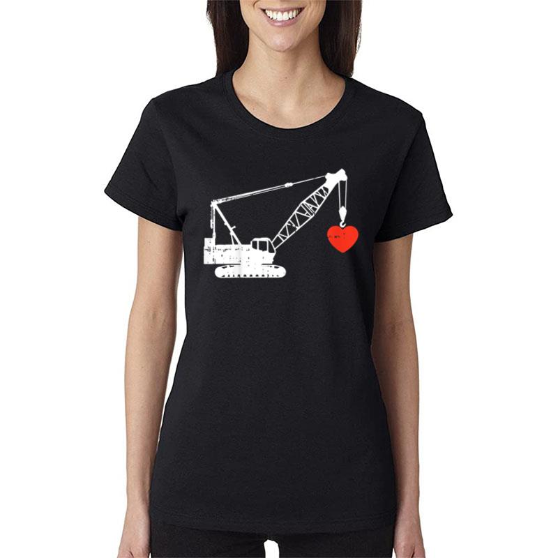 Kids Crane Heart Valentines Day Construction Heavy Equipment Women T-Shirt