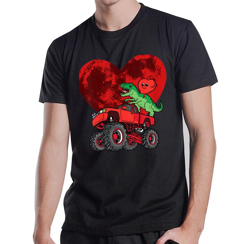 Kids Heart Dinosaur Riding Monster Truck Valentines Day Moon T-Shirt