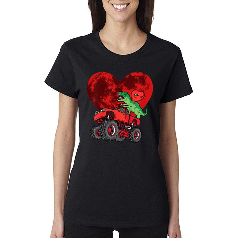 Kids Heart Dinosaur Riding Monster Truck Valentines Day Moon Women T-Shirt