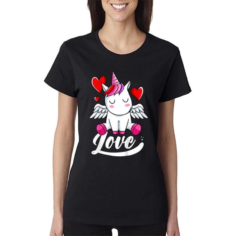 Kids Unicorn Love Valentines Day Cute Magical Rainbow Women T-Shirt