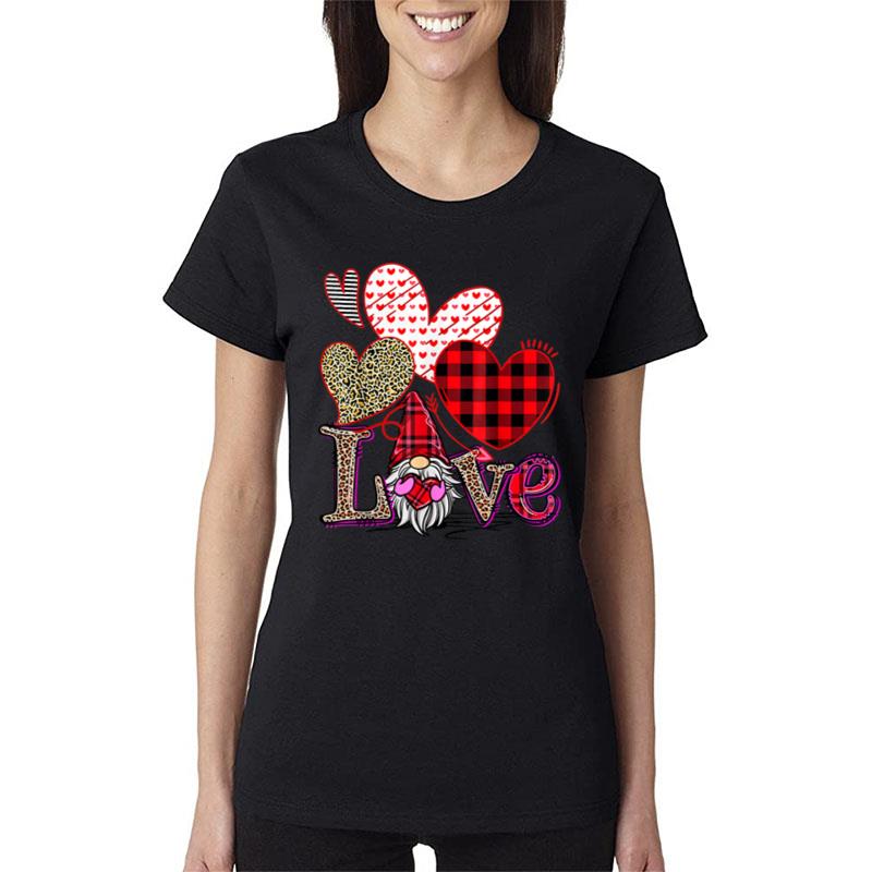 Love Gnome Valentines Day Red Buffalo Plaid Leopard Women Women T-Shirt