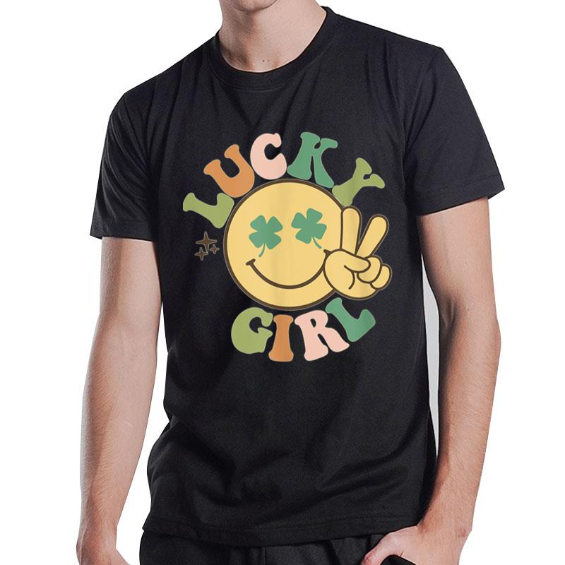 Lucky Girl St. Patricks Day Retro Smiling Face Shamrock T-Shirt