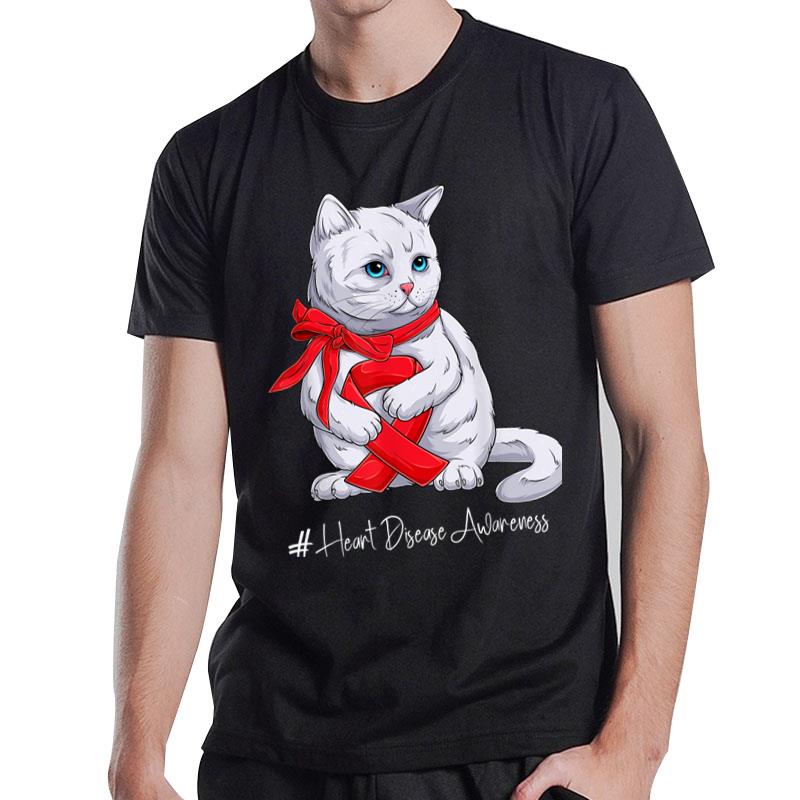 National Heart Disease Awareness Month Red Ribbon Cute Cat T-Shirt