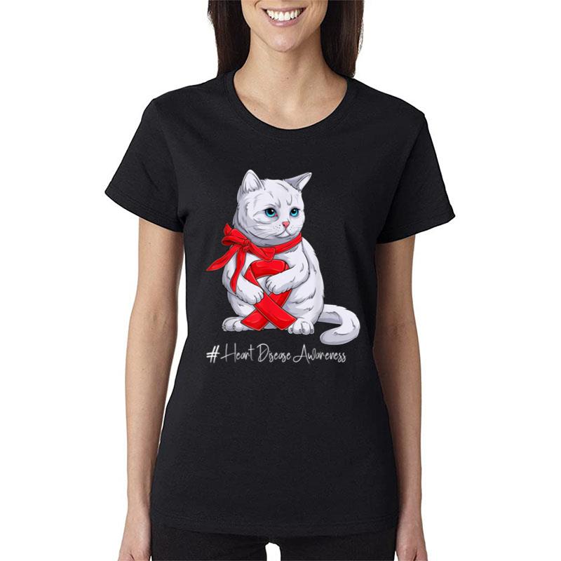 National Heart Disease Awareness Month Red Ribbon Cute Cat Women T-Shirt