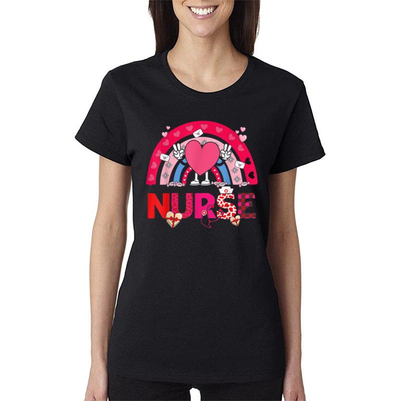 Nurse Valentines Day Rainbow Heart Stethoscope Love Nursing Women T-Shirt