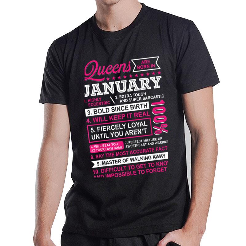 Queens Are Born In January Girl 10 Facts Cute Birthday Women T-Shirt