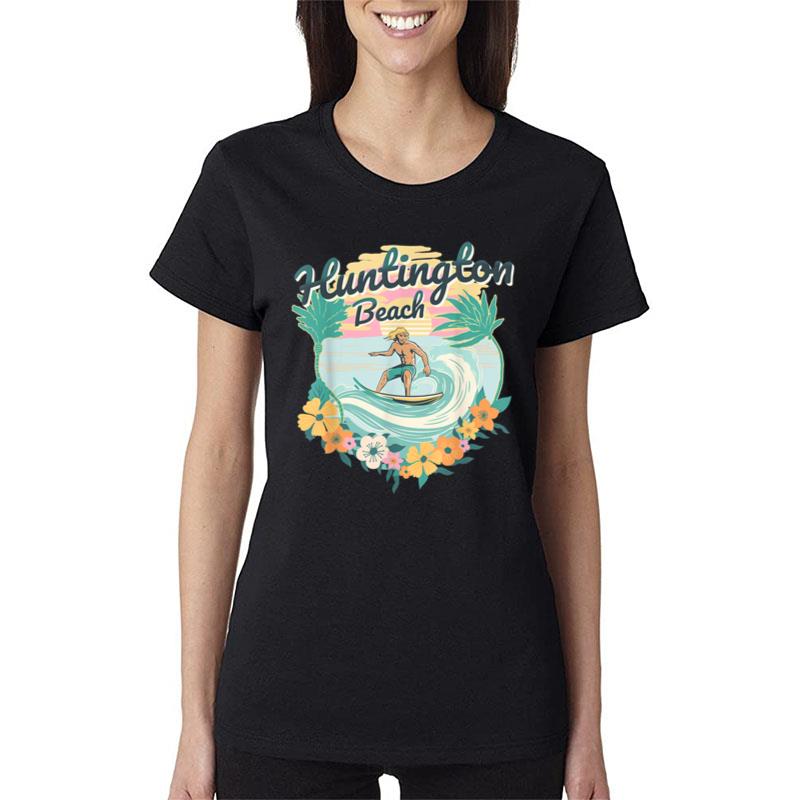 Retro Surfing Waves Summer California Huntington Beach Women T-Shirt