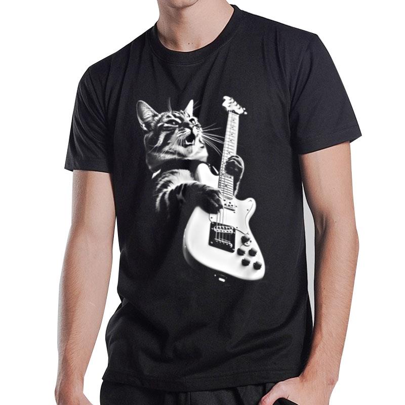 Rock Cat Playing Guitar Funny Guitar Cat T-Shirt