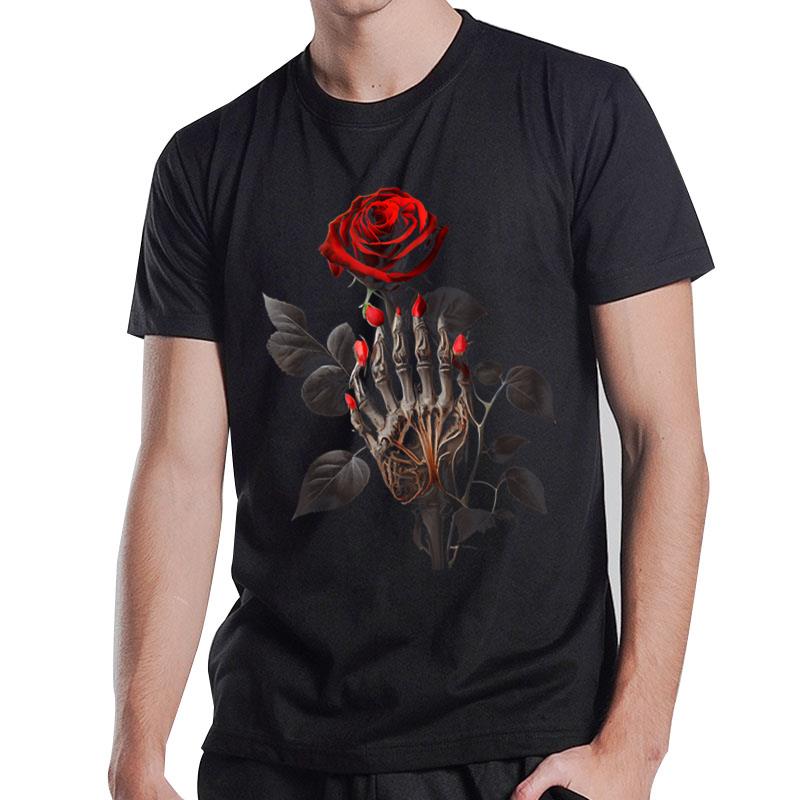 Skeleton Hand Red Rose Flower Graphic Tees Men Women T-Shirt