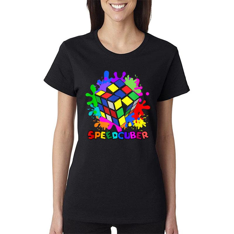 Speedcuber Puzzle Cube Novelty Paint Splashes Graphic Tee Women T-Shirt