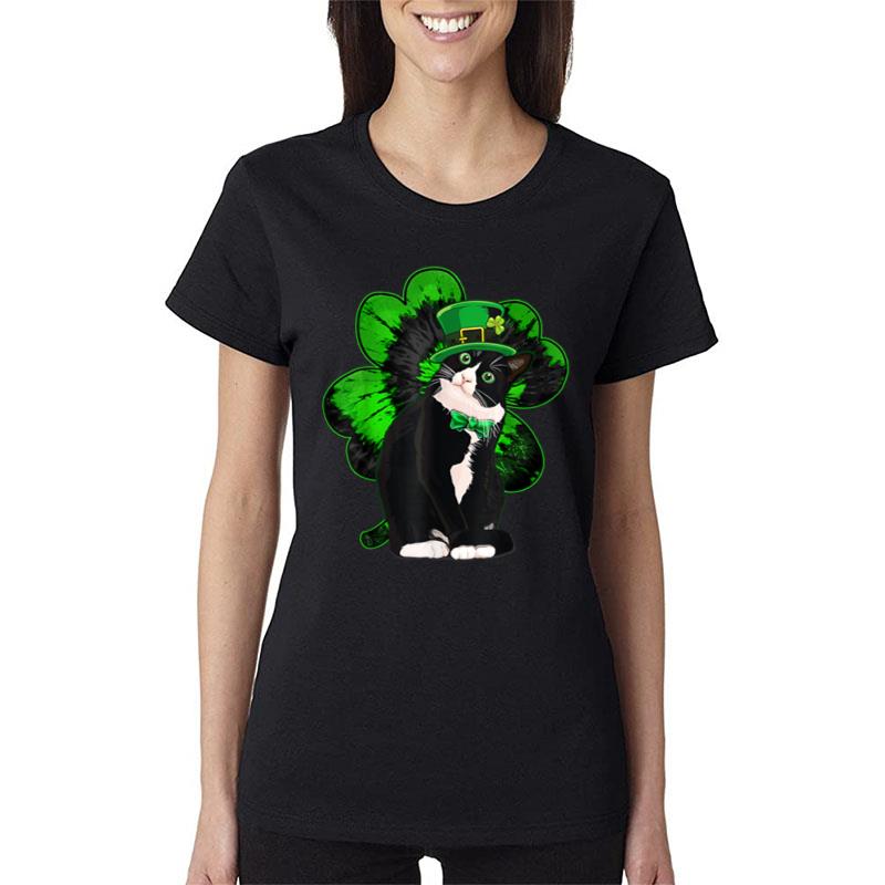 St Patricks Day 2023 Shirt Funny Tuxedo Cat Lucky Shamrock Women T-Shirt