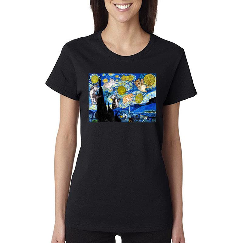 Starry Night Van Gogh Cat Women T-Shirt