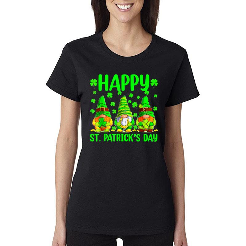 Three Gnomes Holding Shamrock Leopard Plaid St Patrick'S Day Women T-Shirt